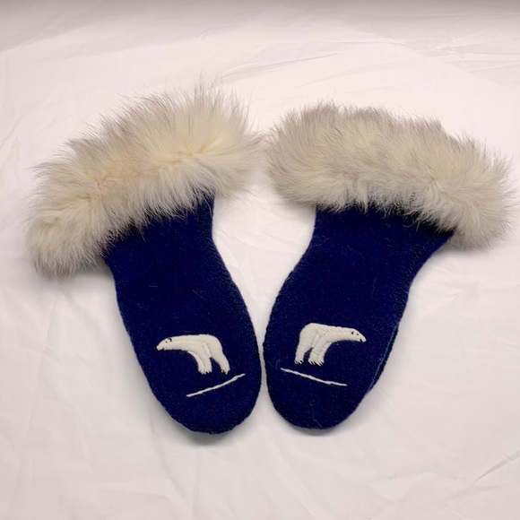Accessories - Felt Wool Aboriginal Mittens Embroidered Polar Bear Fur Tops Adult Navy Blue HP